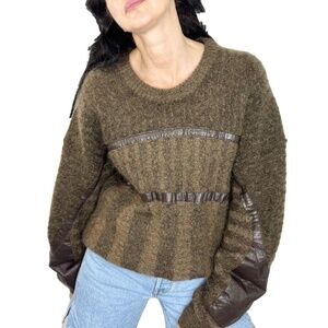 Vintage fuzzy brown wool mohair leather grandpa pullover sweater 52